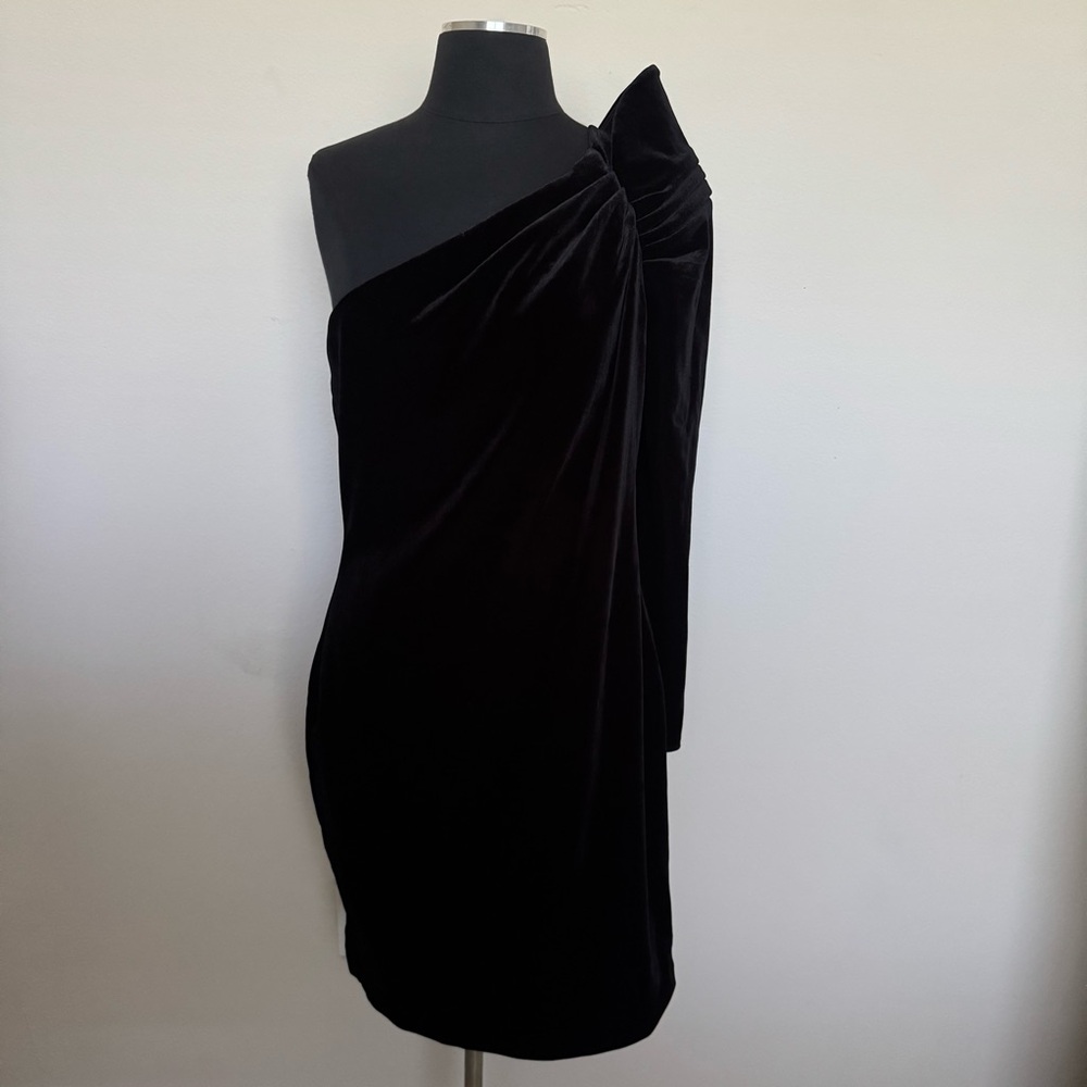 Ted Baker Black Velvet One Shoulder Bow Cocktail Mini Dress Size 4 - Picture 9 of 12